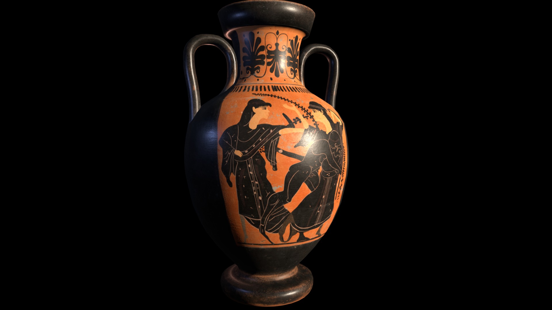 3D model Black-figure pottery #1 - This is a 3D model of the Black-figure pottery #1. The 3D model is about a black vase with a painting on it.