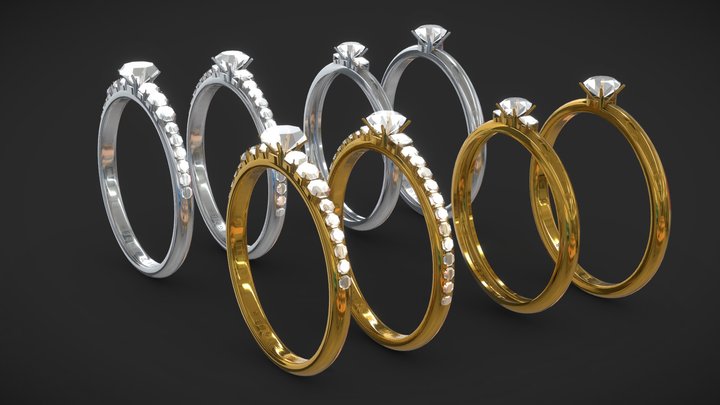 Wedding Diamond Ring Pack - 16mm Gold and Silver 3D Model