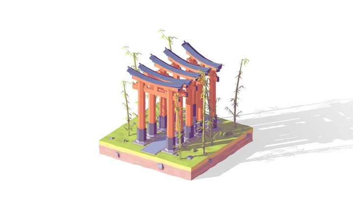 Cartoon Lowpoly Fushimi Inari-Taisha Shrine 3D Model