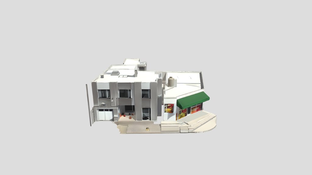3D model of corner mixed-use building.