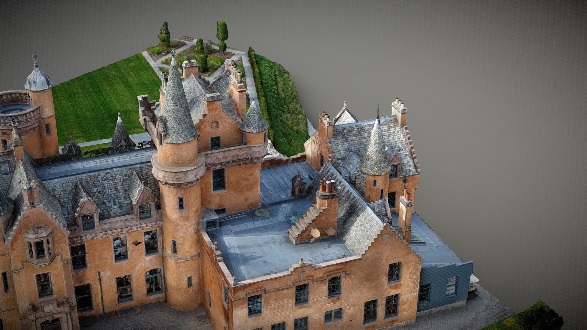 3D model Aldourie Castle Scotland 3D model from drone - This is a 3D model of the Aldourie Castle Scotland 3D model from drone. The 3D model is about a castle with a green roof.