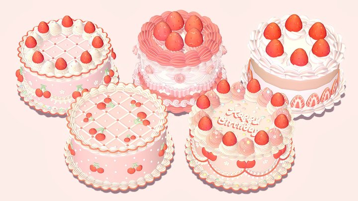 Strawberry and Cherry Whole Cake 3D Model