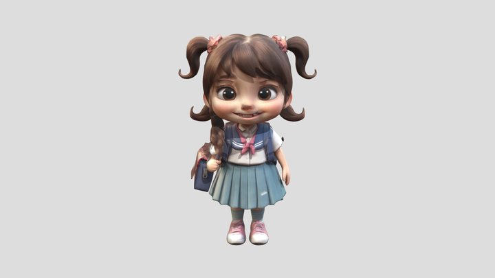 cute little girl student, carrying school bag 3D Model