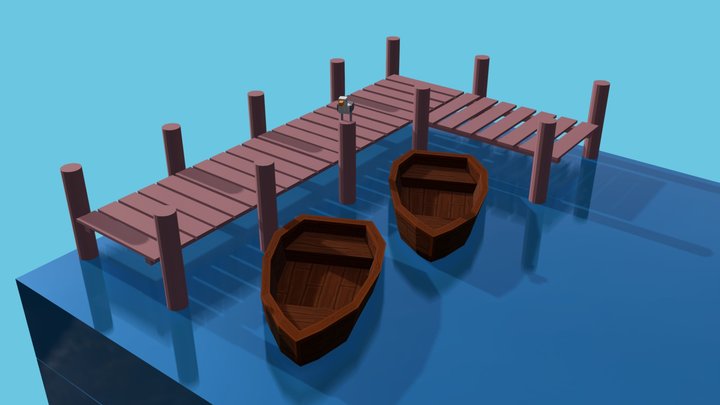 Boat dock with seagull isometric animated 3D Model