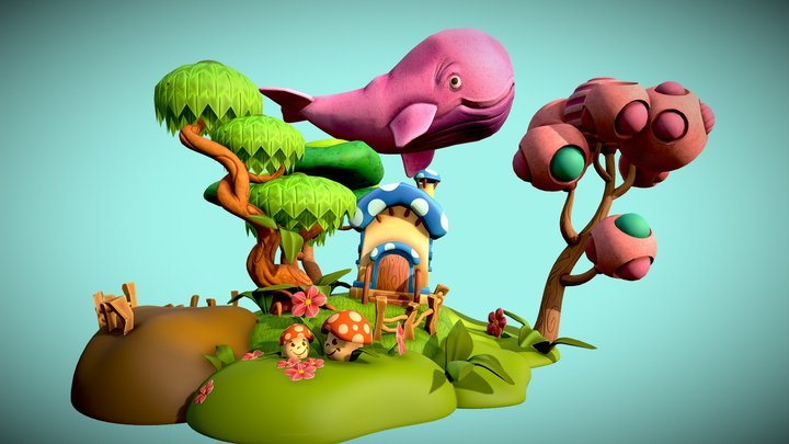 Small diorama with flying Pink Whale – Modello 3D gratuito STL