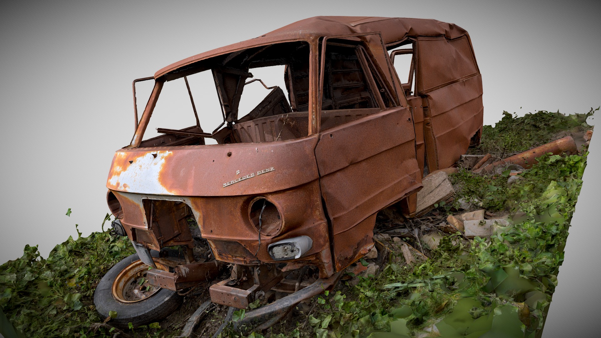 3D model Rusty old Mercedes Benz van - This is a 3D model of the Rusty old Mercedes Benz van. The 3D model is about a rusted out car in a field of plants.