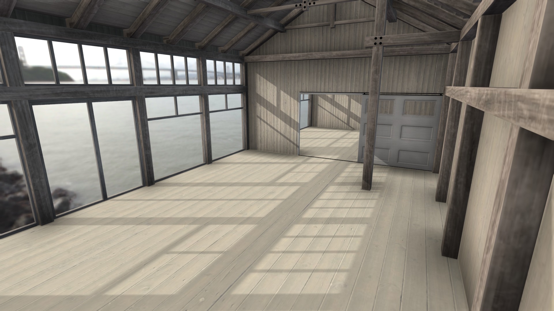 3D model Wooden Hangar - This is a 3D model of the Wooden Hangar. The 3D model is about a wooden deck with windows.