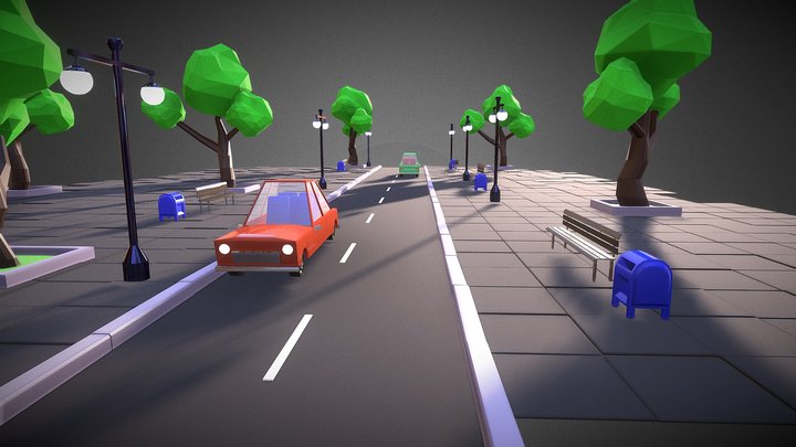 Road with cars cartoon style 3D Model