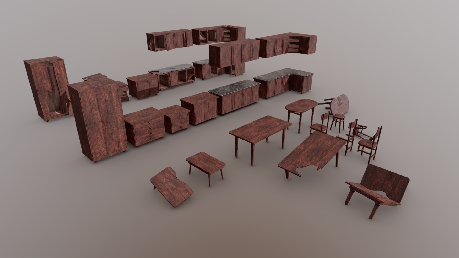 3D model Low-Poly Furniture pack - This is a 3D model of the Low-Poly Furniture pack. The 3D model is about a group of wooden chairs.