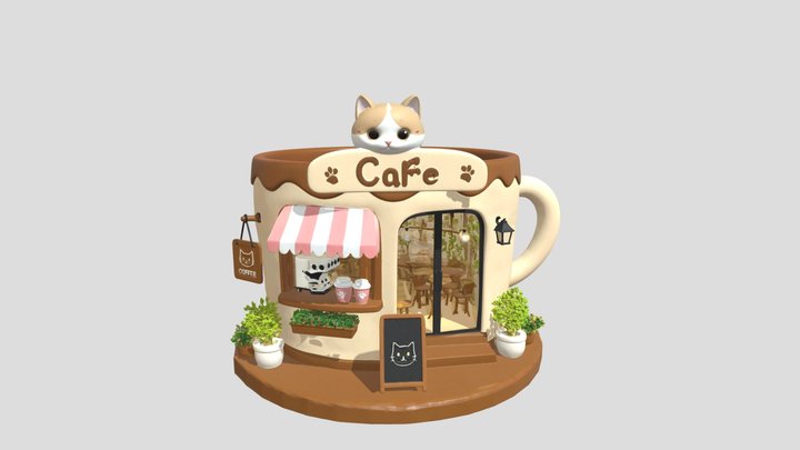 Cozy Cat Mug Café – Cute Low Poly Coffee Shop