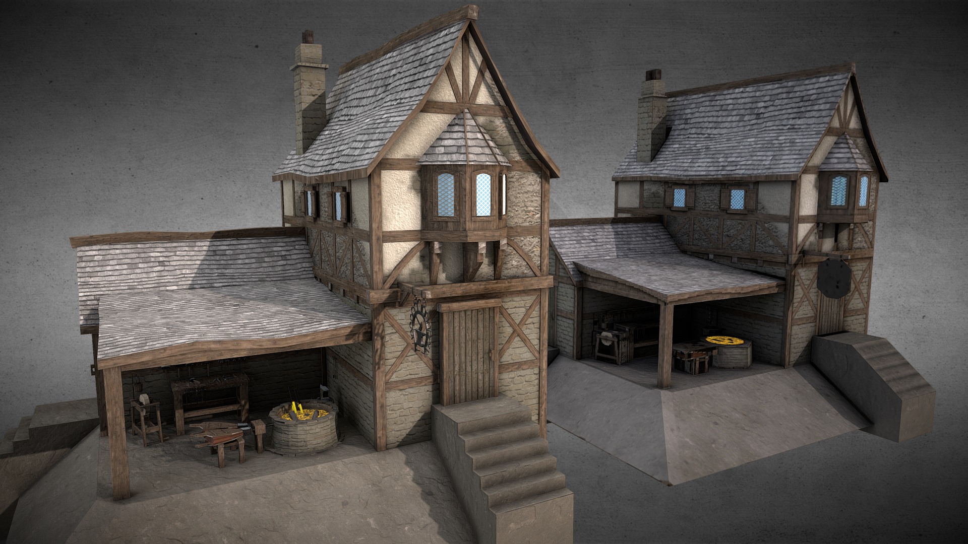 3D model Medieval: Blacksmith - This is a 3D model of the Medieval: Blacksmith. The 3D model is about a group of wooden buildings.
