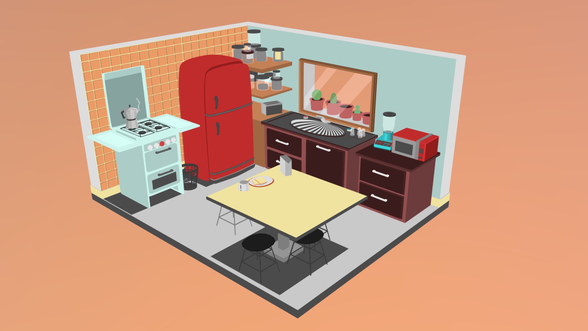 3D model Lowpoly kitchen - This is a 3D model of the Lowpoly kitchen. The 3D model is about diagram, engineering drawing.