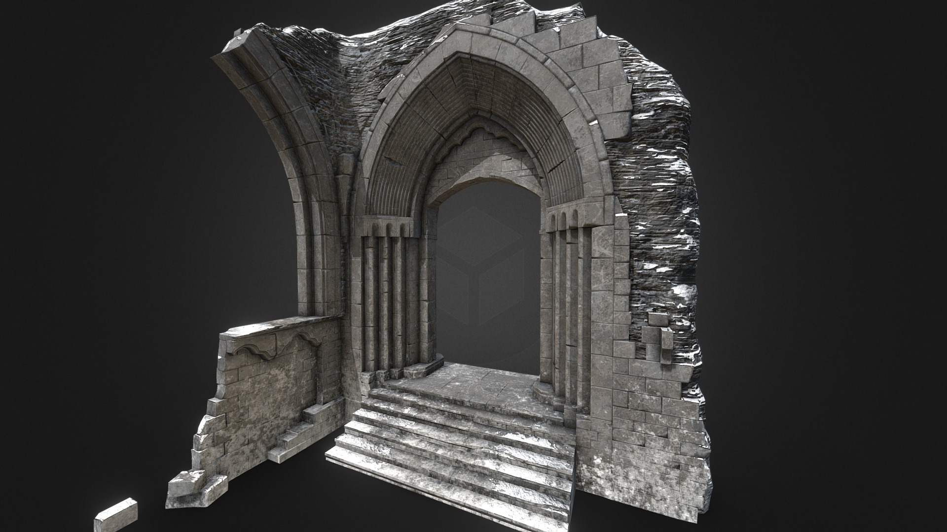 3D model Archway [Winter] - This is a 3D model of the Archway [Winter]. The 3D model is about a stone staircase leading to a door.