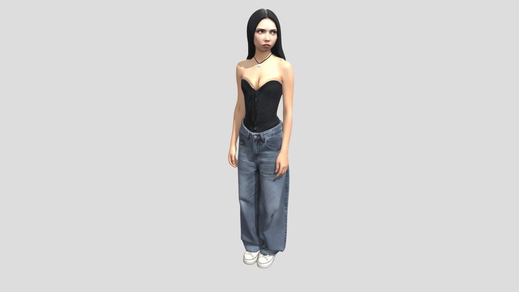 Corseted Black Top with Wide-Leg Denim Jeans
