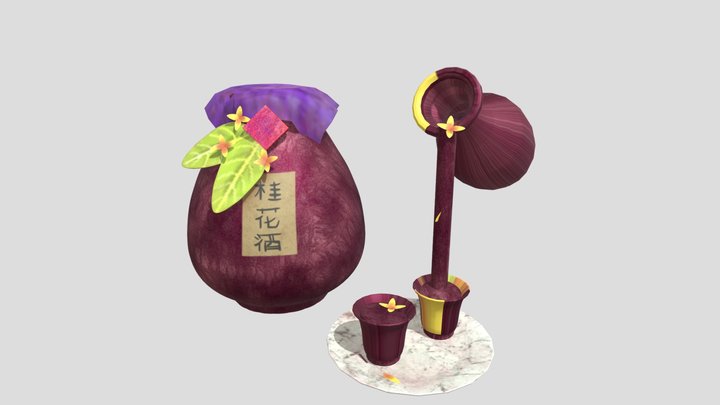 wine set with cloth & flowers & uv _low 3D Model