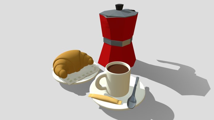 Moka pot, coffee cup and croissant