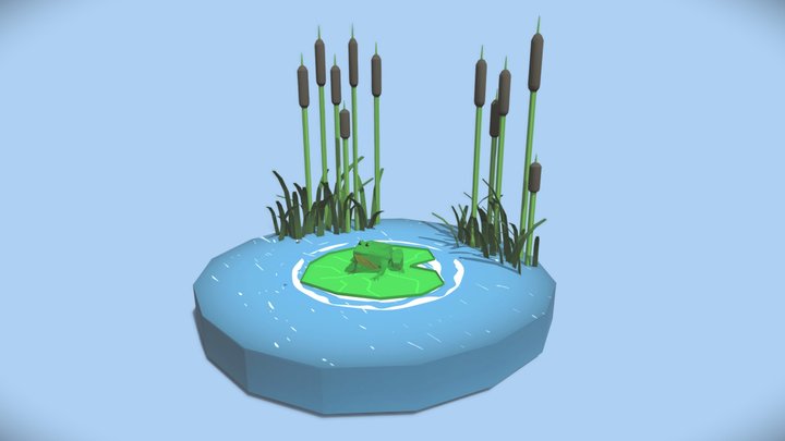 Low-poly frog in the thickets of cattail 3D Model