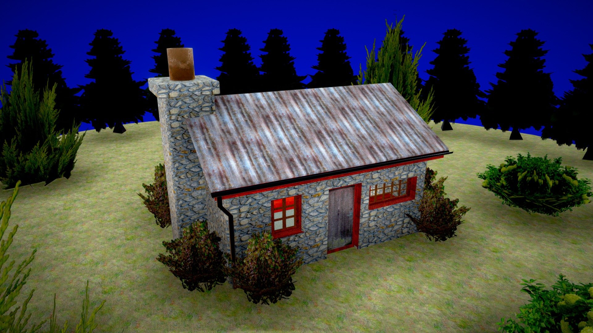 3D model Stone Hut with Interior (.blend/.obj/.fbx) - This is a 3D model of the Stone Hut with Interior (.blend/.obj/.fbx). The 3D model is about a small building with a red roof.