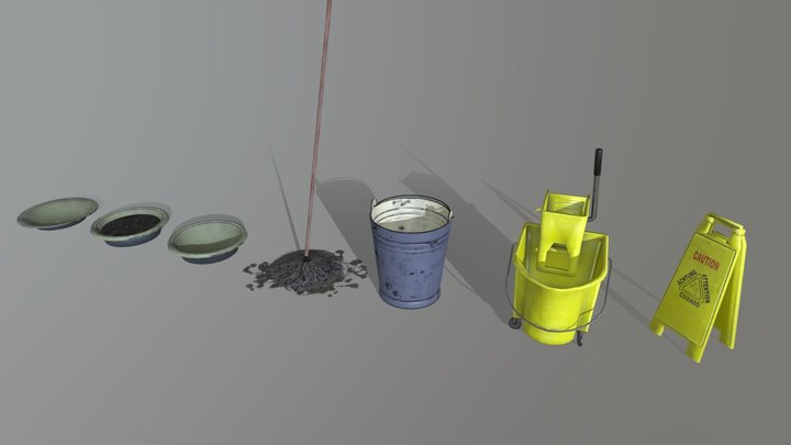 Cleaning supplies - Buckets Bowls Mop 3D Model