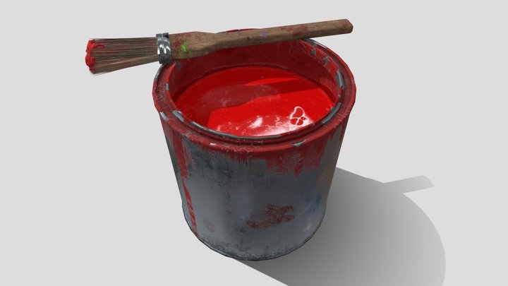 Used Open Red Paint Can with Paint Brush 3D Model