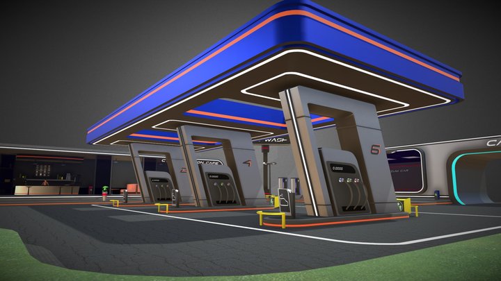 Low Poly Cyber Gas Station 3D Model