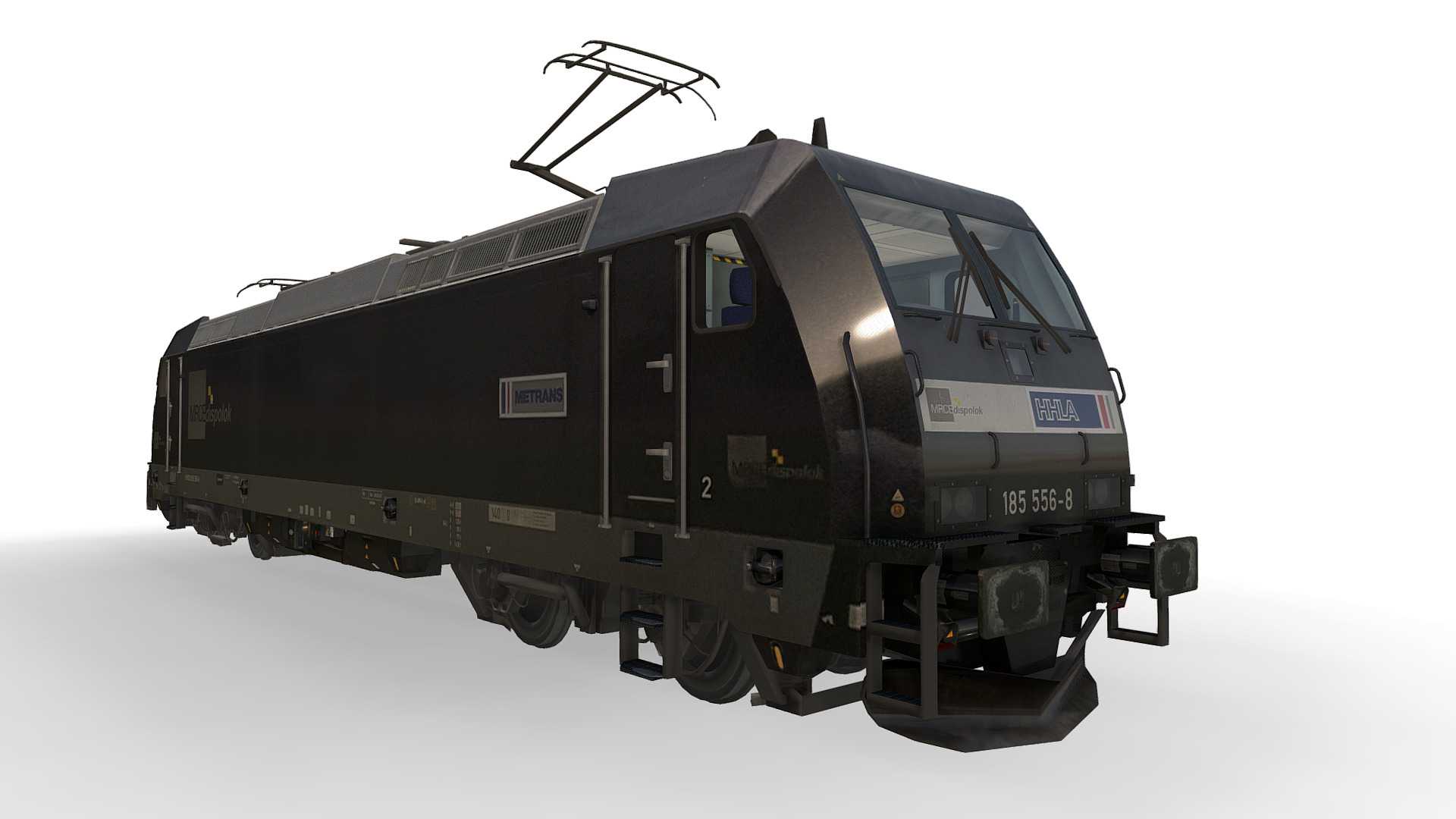 3D model Locomotive Class 185 556-8 – MRCE - This is a 3D model of the Locomotive Class 185 556-8 - MRCE. The 3D model is about a black train with a white background.