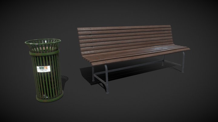 Bench & Trash Can 3D Model