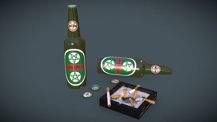 Beer, Cigarattes and Ashtray - Game Ready - PBR 3D Model