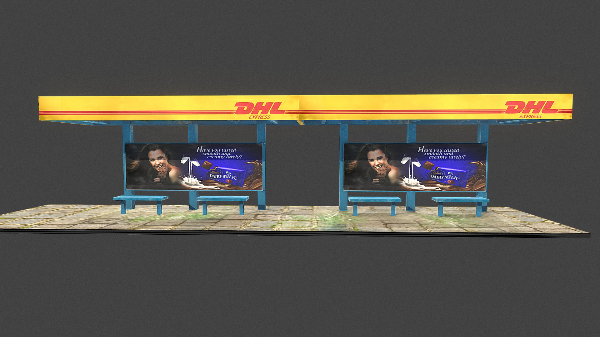 3D model Bustop - This is a 3D model of the Bustop. The 3D model is about a couple of people sitting on a bench with a large screen behind them.