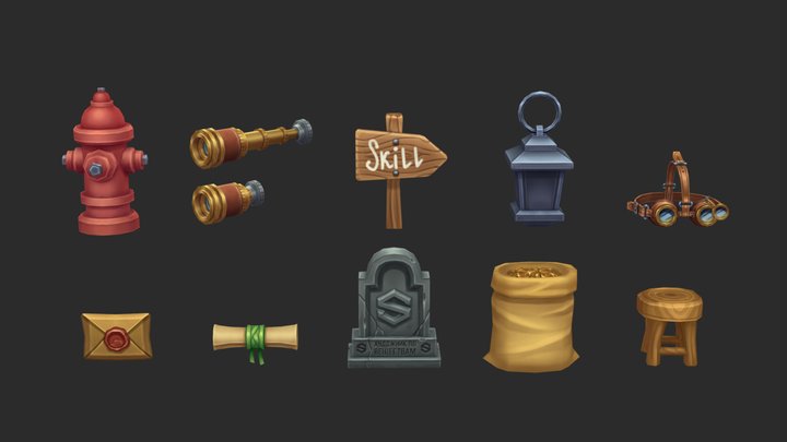 1|10 Stylized Hand-Painted Props 3D Model
