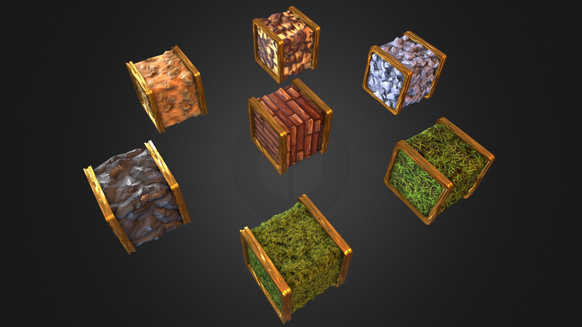 3D model Substance Designer Experiments – 01 - This is a 3D model of the Substance Designer Experiments - 01. The 3D model is about a group of gold and green objects.