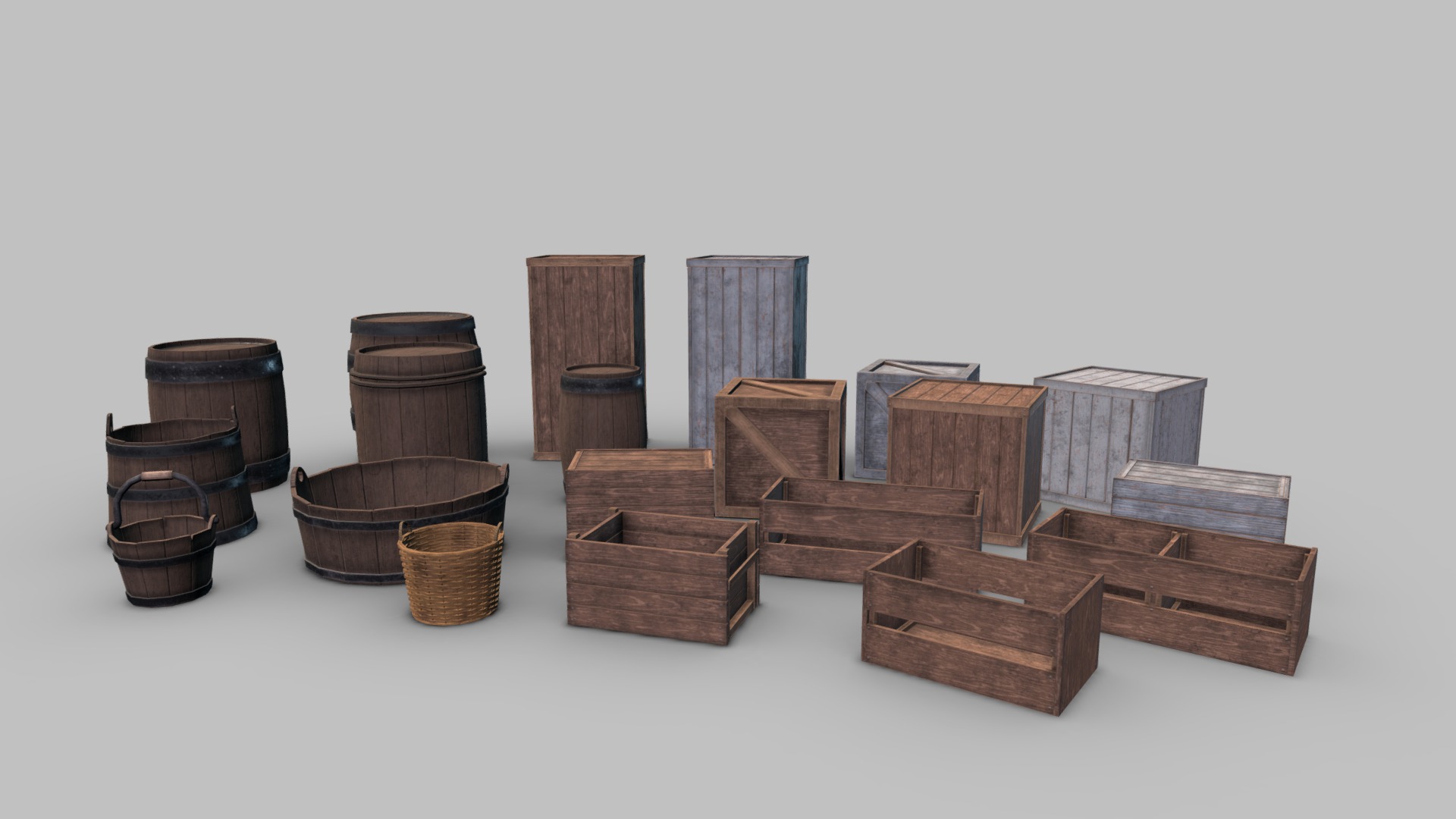 3D model wooden medieval props – storage - This is a 3D model of the wooden medieval props - storage. The 3D model is about a group of wooden barrels.