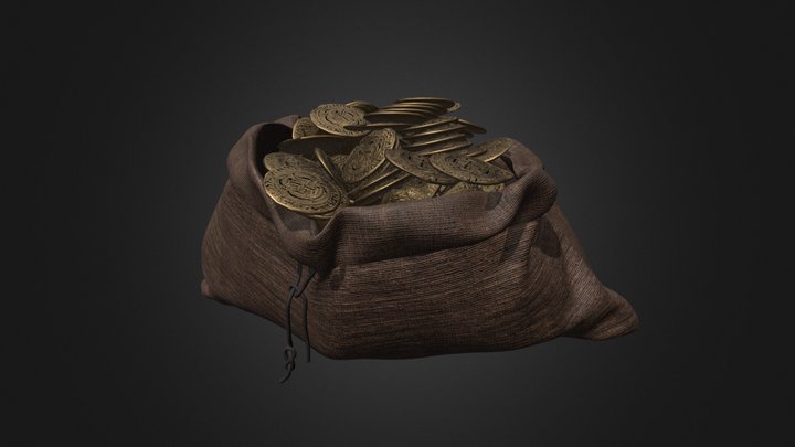 Burlap Sack with Gold Doubloons 3D Model
