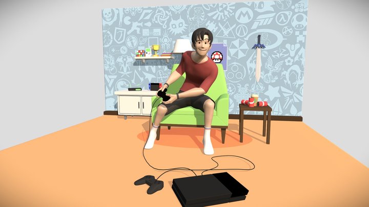 Gaming boy in Gaming room 3D Model
