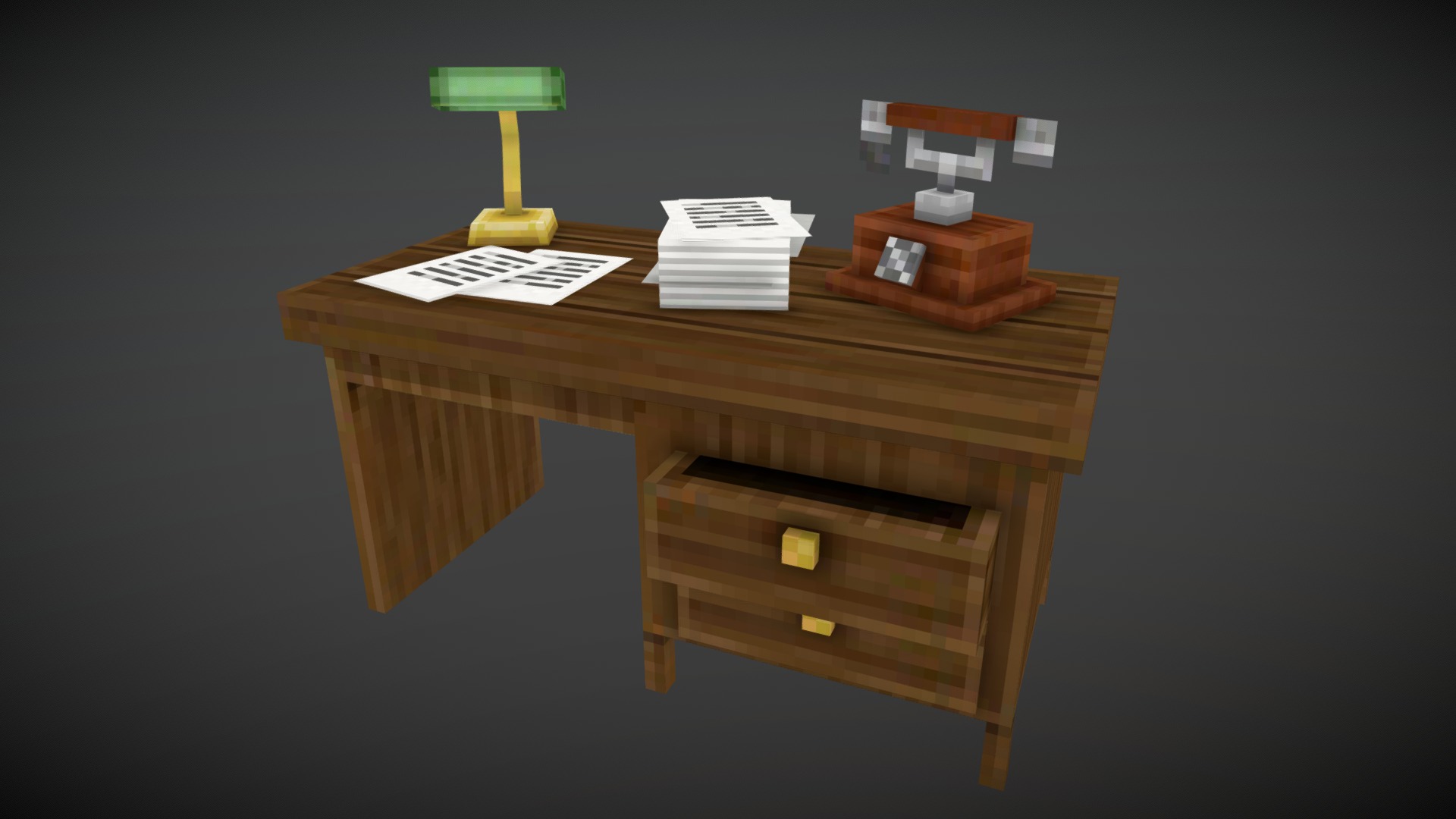 3D model Wooden pixel desk - This is a 3D model of the Wooden pixel desk. The 3D model is about a wooden desk with a lamp and books on it.