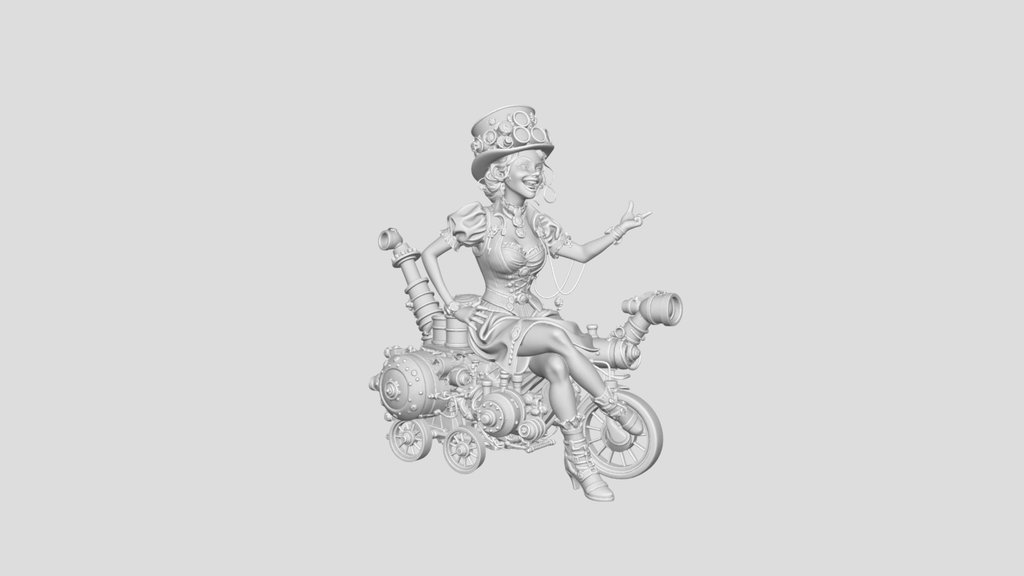 Steampunk Belle on a Brass Steam Bike