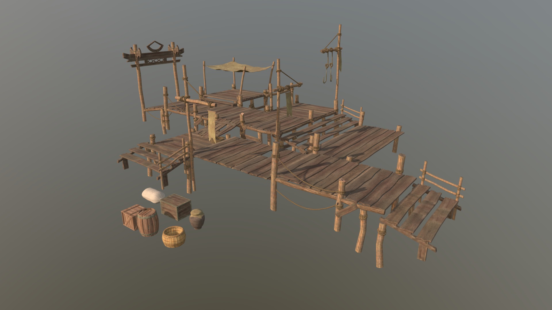 3D model Ancient Wharf - This is a 3D model of the Ancient Wharf. The 3D model is about a wooden structure with a rope and a rope attached to it.