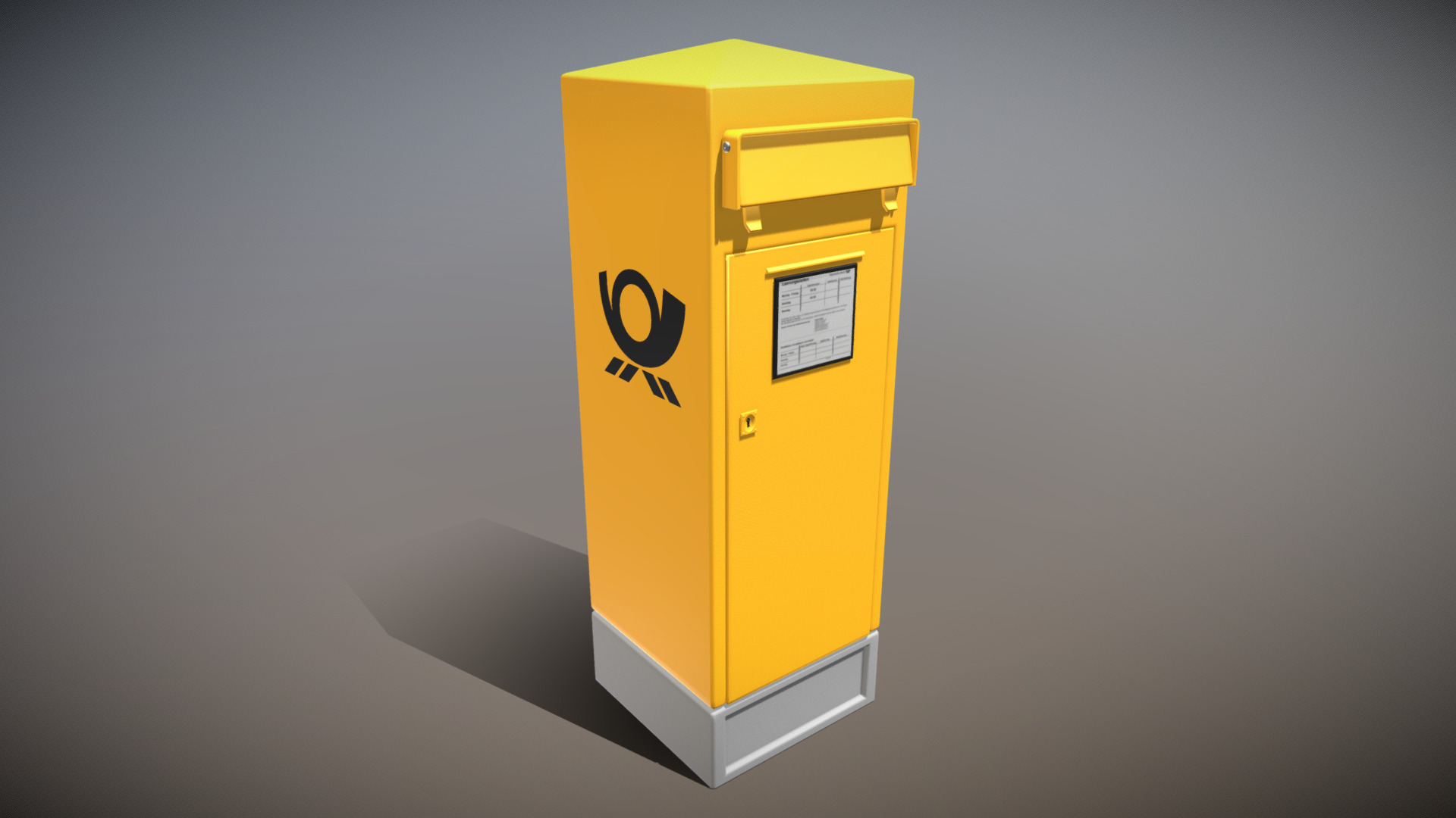 3D model Public Mailbox 2 (High-Poly Version) - This is a 3D model of the Public Mailbox 2 (High-Poly Version). The 3D model is about a yellow box with a logo.