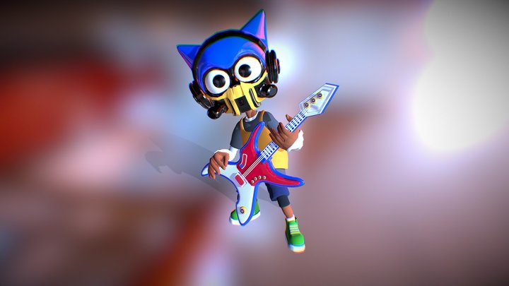 Cat Guitarist Character Animated 3D Model