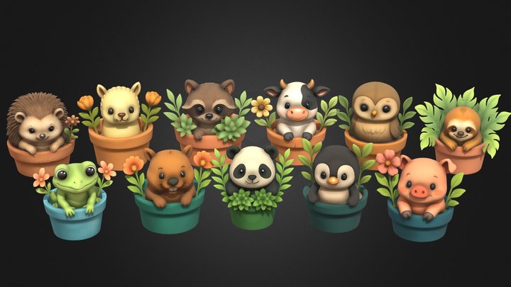 Animals in Flower Pots 3D Model