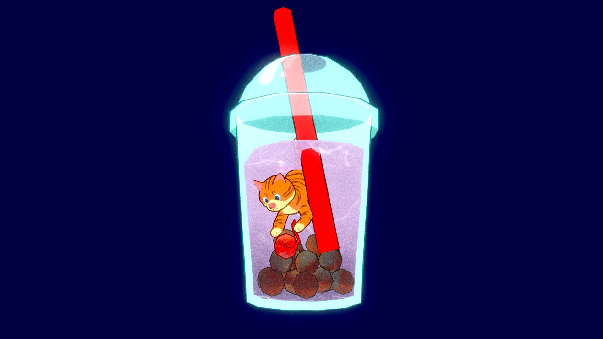 Boba Tea Cat and Yarn Ball 🧶— Handpainted 3D model by Zen Apricorna (zenartdesign) [bc1e39a