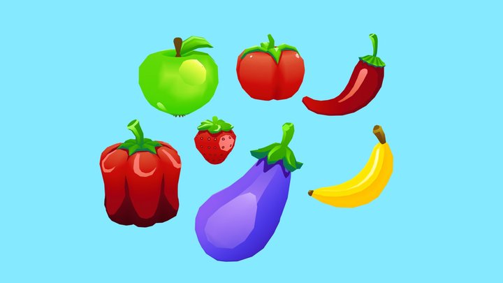Cartoon Fruits Vegetables Set 3D Model