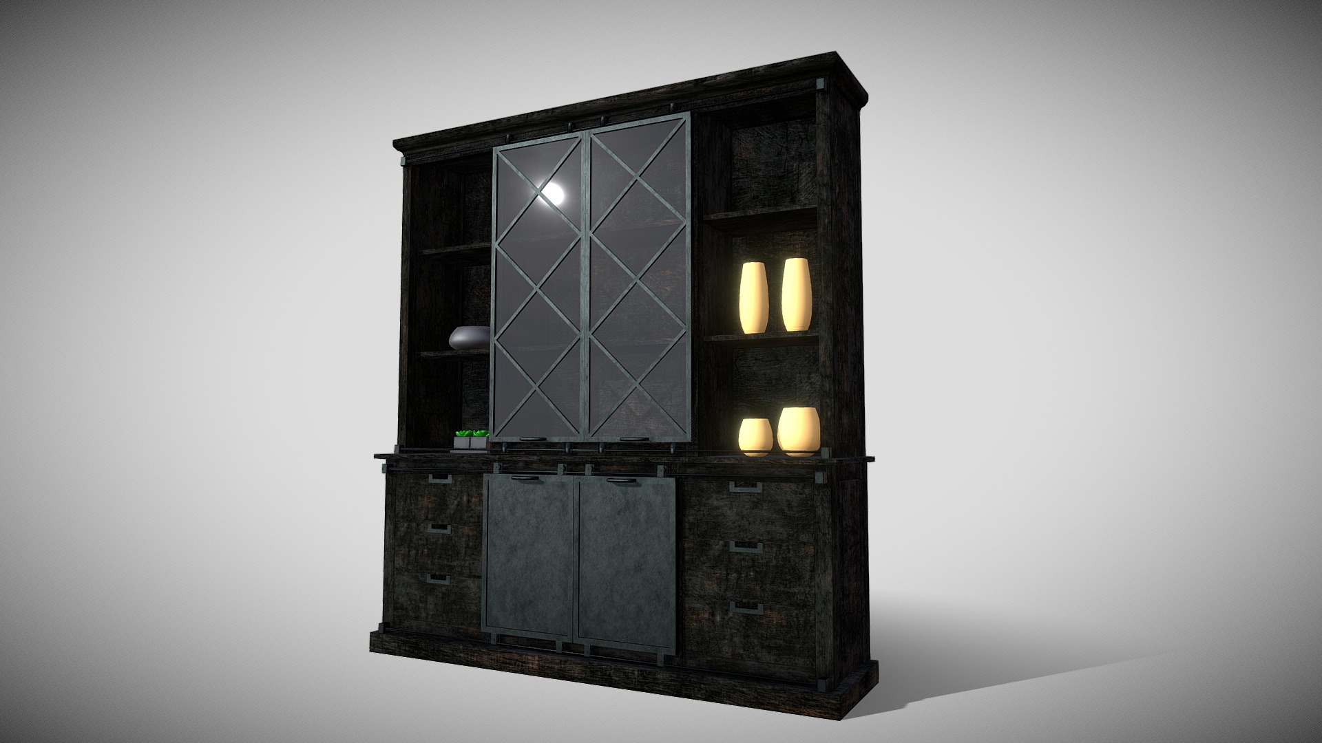 3D model Industrial style hutch - This is a 3D model of the Industrial style hutch. The 3D model is about a wood cabinet with lights.