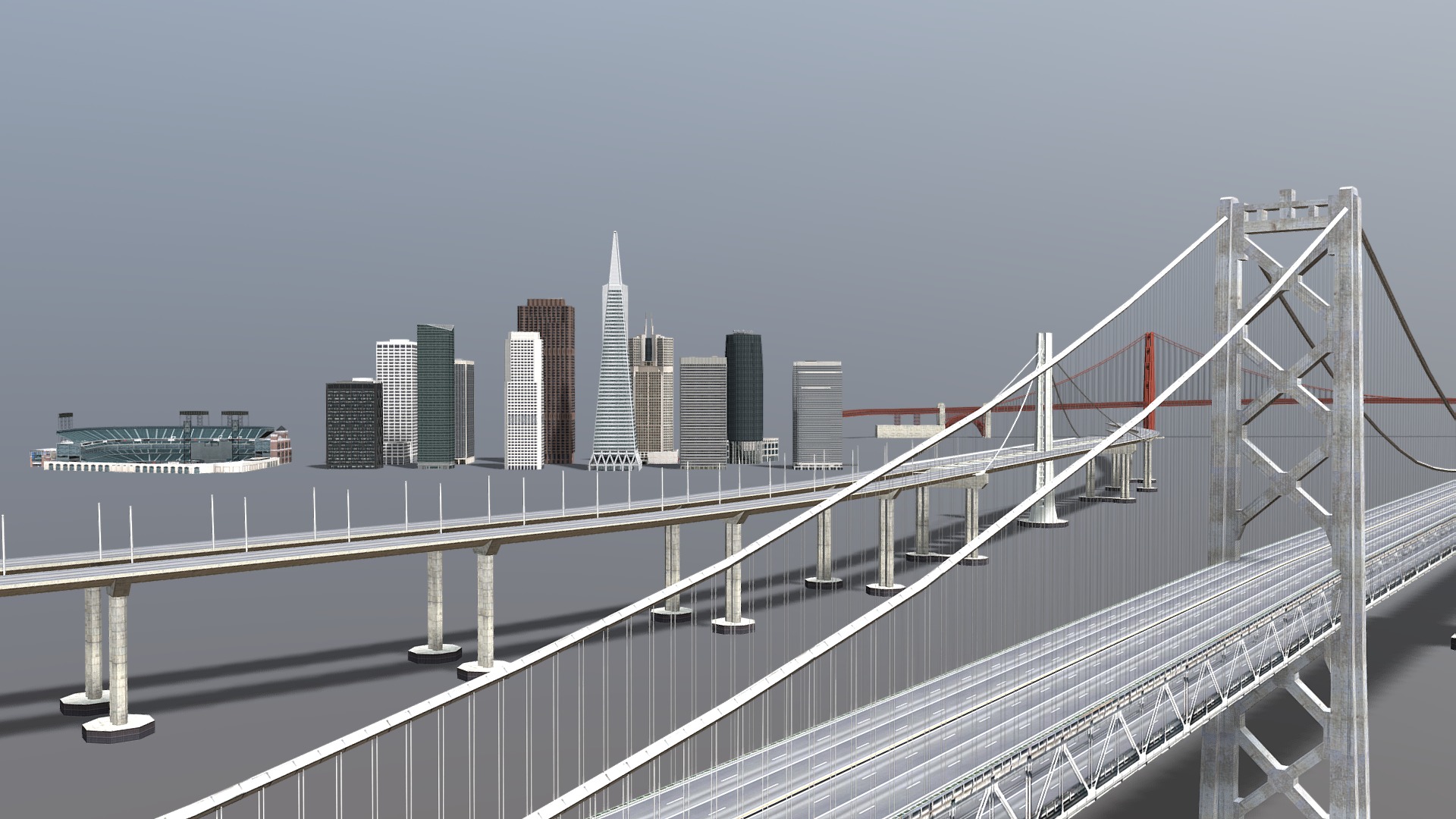 3D model San Francisco Landmarks - This is a 3D model of the San Francisco Landmarks. The 3D model is about a bridge with a city in the background.