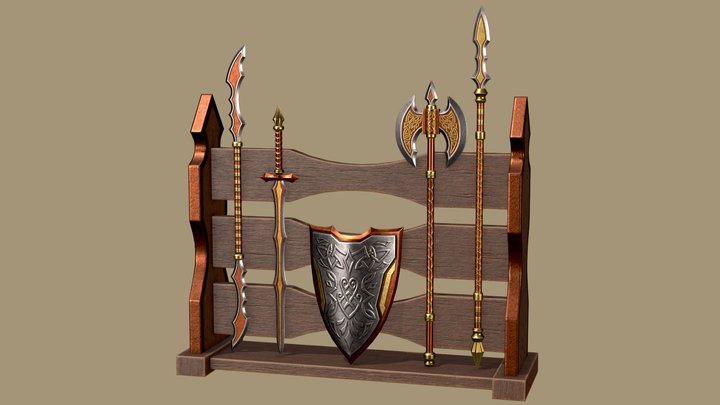 Viking Weapons Pack with Rack 3D Model