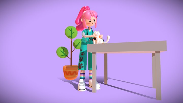 Veterinarian and Calico Cat 3D Model