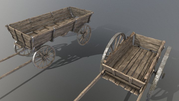 Pack of oldfashioned wooden carts 3D Model