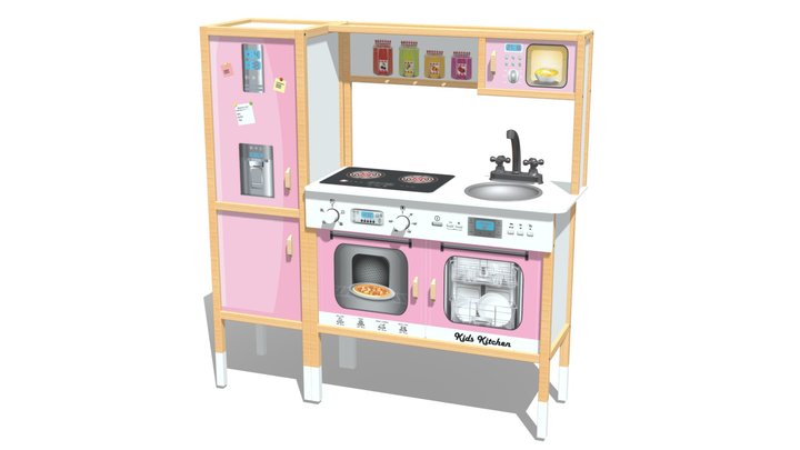 ÇG107 Ahşap Işıklı Çocuk Mutfağı Pembe 3D Model