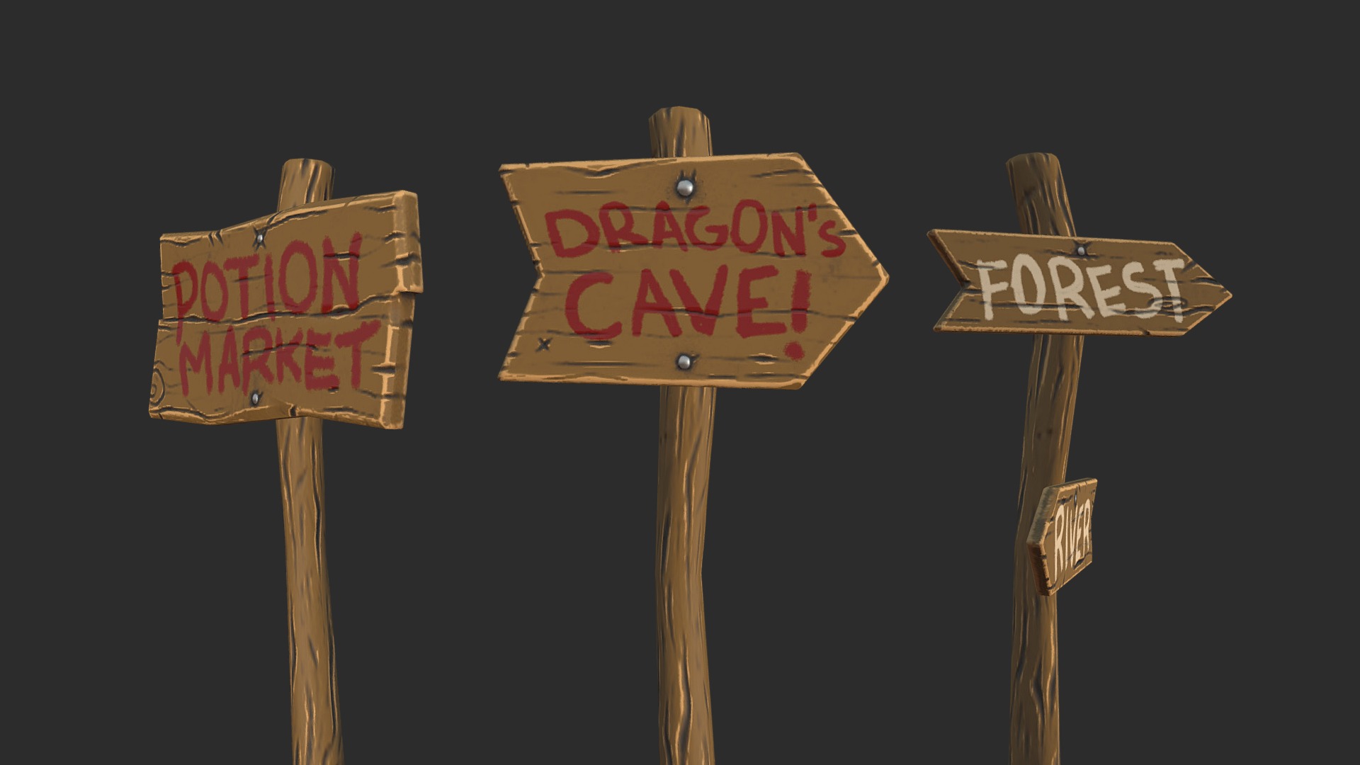 3D model Stylized Wooden Signs Pack - This is a 3D model of the Stylized Wooden Signs Pack. The 3D model is about a group of signs are posted on a wooden post.