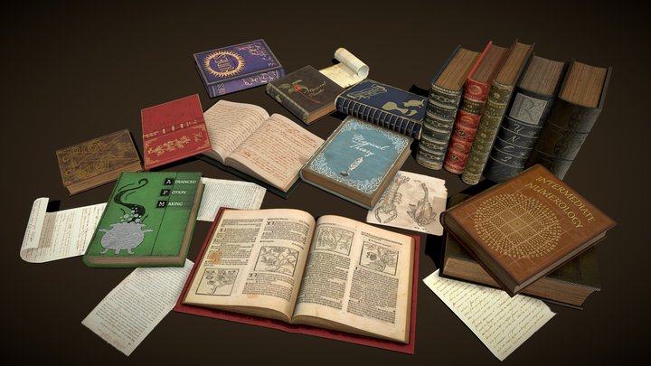 Wizard-Themed Books and Textbooks 3D Model